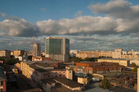 Moscow Russia - August 2018. A bird's-eye view of the city. Landscape. Sunlight-covered buildings,...