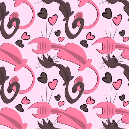 Seamless pattern, endless texture on a square background - stylized cats in love - graphics. Valentines Day, animals. Design elements. Background for website, blog, wallpaper, textiles, packagingのイラスト素材