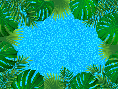Tropical vector frame. exotic plants illustration. background with jungle plants, palms leaves, sea texture. beautiful tropic seascape. Summer vacation designのイラスト素材