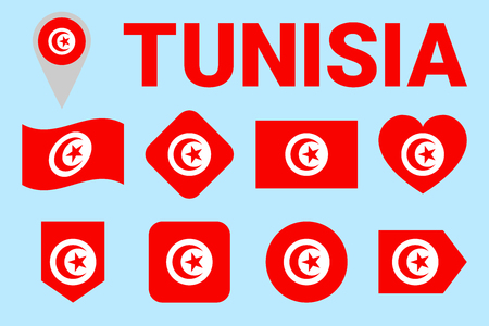 Tunisia flag vector set. Tunisian natioanl symbols collection. Geometric shapes. Flat style. sports, national, travel, geographic, patriotic, design elements. isolated icons with state nameのイラスト素材