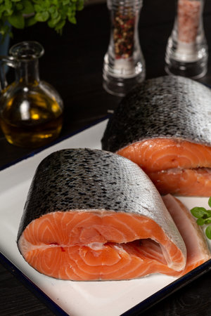 A large piece of chilled red fish, fresh trout fillet, raw salmonの写真素材