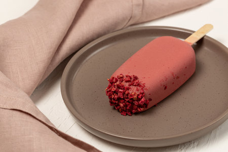 Natural ice cream in pink chocolate with freeze-dried strawberries