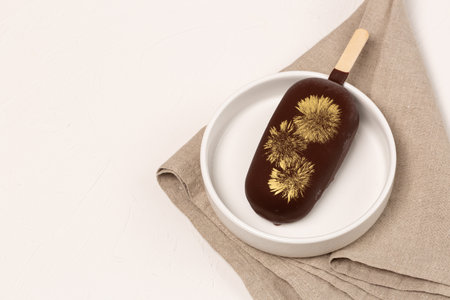 Natural ice cream in chocolate, open space