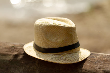 A straw hat on an old logの写真素材