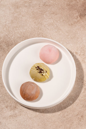 Traditional Japanese dessert, mochi cake in thin rice dough, open spaceの写真素材