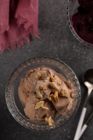 Chocolate and cherry cheesecake ice cream in glass creamers