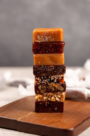 Home-made toffee, assorted flavors, milky and bitter flavors, sweet and salty, caramel candiesの写真素材