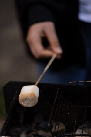 A child roasts a large marshmallow on coalsの写真素材