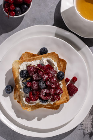 Toast with fresh blueberries, raspberries and red currants and ricotta cheeseの写真素材