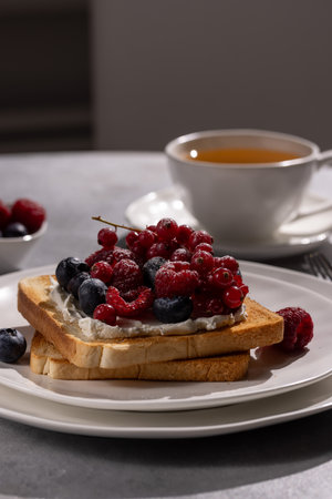 Toast with fresh blueberries, raspberries and red currants and ricotta cheeseの写真素材