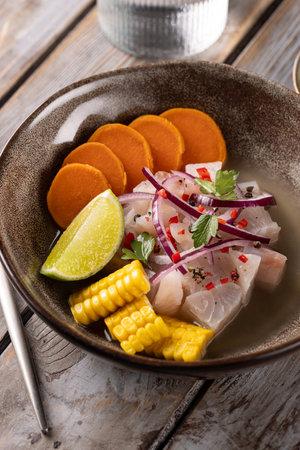 A traditional Peruvian dish is ceviche with white fishの写真素材