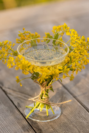 A glass of sparkling wine decorated with wildflowers, a postcard, a place for textの写真素材