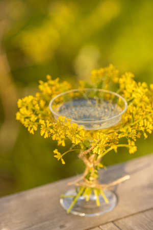 A glass of sparkling wine decorated with wildflowers, a postcard, a place for textの写真素材