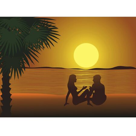 Sunset of a sun, fellow and girl, is drawn ashore in form silhouettesのイラスト素材