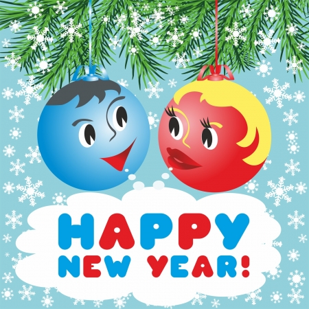 Christmas balls with a faces in the animated style: Happy New Year!のイラスト素材