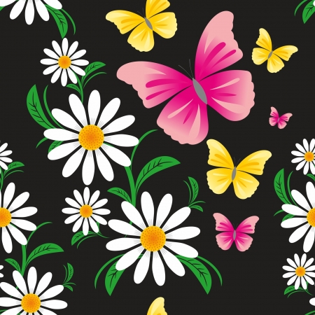 Seamless pattern  on a black background with Chamomiles and Butterfliesのイラスト素材