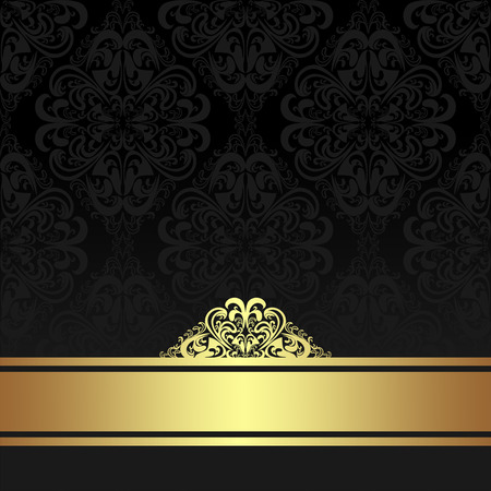 Damask black ornamental Background with golden Ribbon.のイラスト素材