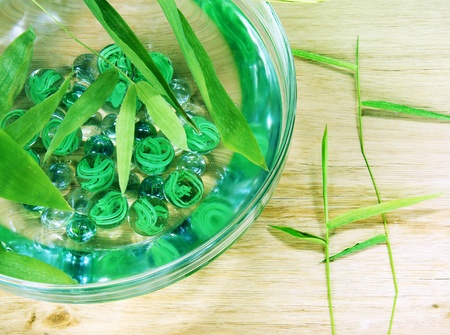 Clear Water Bowl with Bamboo Sprouts over Wood