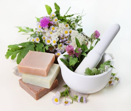 Rural Flowers and Herbs in Mortar Spa Compositionの写真素材