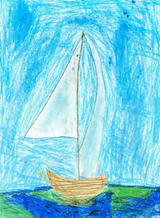 Child Drawing of Sailboat on the Sea, Oil Pastelsの写真素材