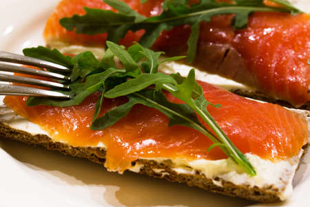 Healthy salmon sandwich with cheese and rocket saladの写真素材