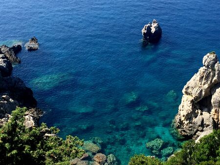 Paleokastrica beach on Corfu Kerkyra, Greece. Ionian sea. Bay with crystal clear azur water.の写真素材