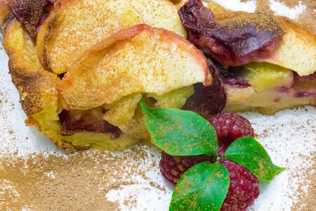 Apple pie with red raspberry, clafoutis frut pieの写真素材