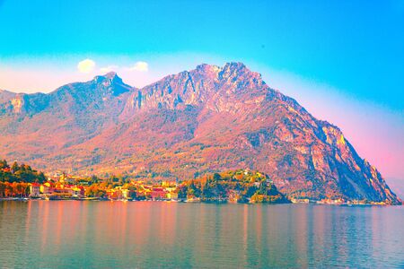 Como lake scenery landscape in evening  light in Lombardy, Italy. 