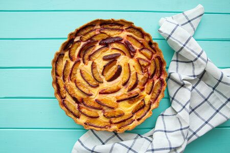 Tasty fruit tart with custard cream and plum on colorful backgorund, top view. 