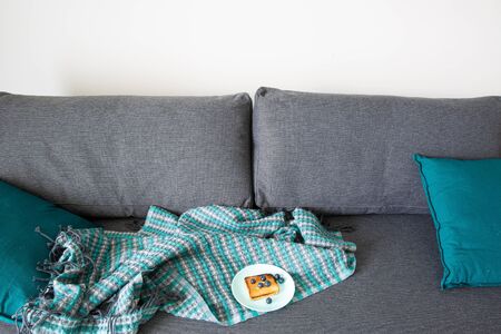 Cozy grey sofa and turquoise cushions. a plate with toast with blueberries, comfortable home...