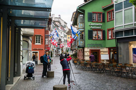 Zurich, Switzerland -16 April 2017. Old medieval buildings, green and red houses.のeditorial素材