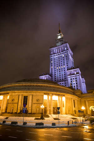 Warsaw, Poland - 19 January 2018. Warsaw Palace of Culture and Science in city center, landmark, winter time, a lot of snow. Everything is bright and a lot of light. PKIN.のeditorial素材