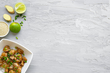 Thai noodles, lime and sesame on the gray concrete background, top view. Copy space, space for text.の写真素材