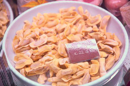 Traditional bergamo casoncelli alla bergamasca in the local market, close up.の写真素材