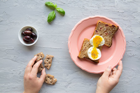 Healthy snack concept. Sandwich with egg, top view.の写真素材