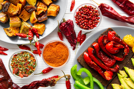 Tasty mexican snacks, sandwiches with avocado and another vegetables. Baked sweet potatoes and spices.の写真素材