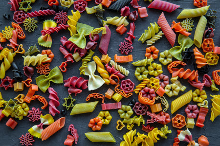 Assortment of different kind of dry pasta background, top view. Colorful paste.の写真素材
