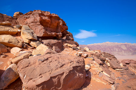 Wadi Rum desert in Jordan. Beautiful rocky mountains landscape and blue sky.の写真素材