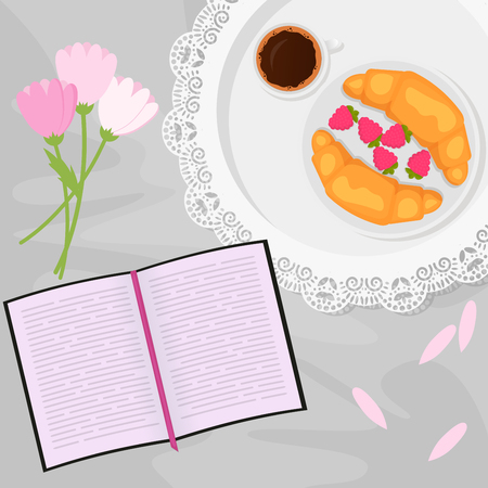 Vector illustration of morning coffee and sweets in bed with book, flowers and raspberry, croissant in flat cartoon style.のイラスト素材