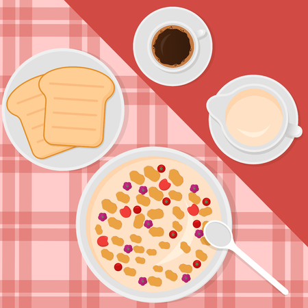 Breakfast top view vector illustration in flat style with muesli or oatmeal, milk, coffee and toasts.のイラスト素材