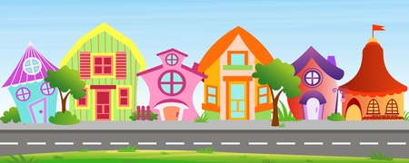 Vector illustration of cartoon houses in bright colors on sky background. Colorful lovely and funny buildings on street with trees and bushes in cartoon flat style.のイラスト素材