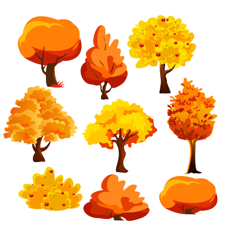Vector illustration of bright colorful autumn trees and bushes set in flat cartoon style.のイラスト素材