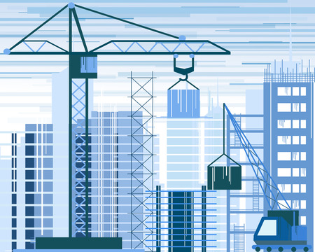 Vector illustration of buildings constructions site and cranes. skyscraper under construction. excavator, tipper at sky background in flat style.のイラスト素材
