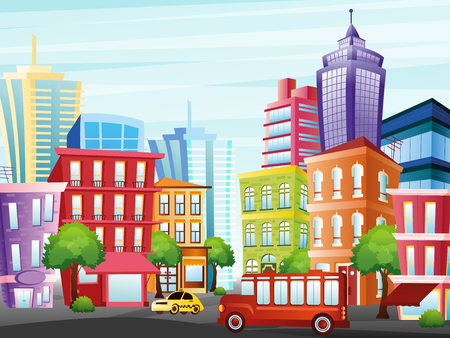 Vector illustration of city street with funny colorful buildings, skyscrapers, trees, taxi and bus on light sky background in flat cartoon style.のイラスト素材