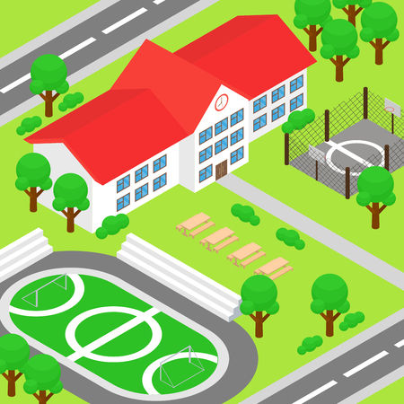 Vector illustration of isometric school and big green yard, playground, football ground, basketball ground, trees, tables and benches in colorful flat cartoon style.のイラスト素材