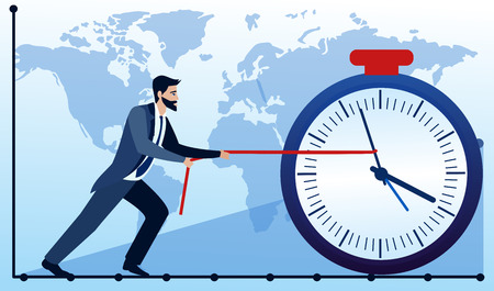 Business concept. Businessman trying to stop the time. Geometric elements on world map background. Vector flat illustration in cartoon style.のイラスト素材