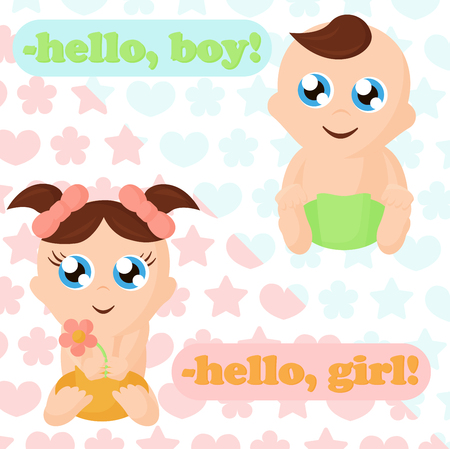 Vector illustration of little baby boy and baby girl. Adorable babies with thinking bubbles, place for your text. Cute baby characters in flat cartoon style.のイラスト素材