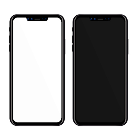 Vector illustration of front view modern smartphone, mobile, phone mockup isolated on white background with blank screen. Phone with black and white color screen.のイラスト素材