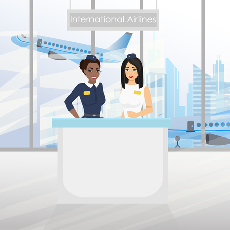 A nice european flight attendant and African American stewardess at the desk with an airport. International airlines. Vector illustration in flat cartoon design.のイラスト素材