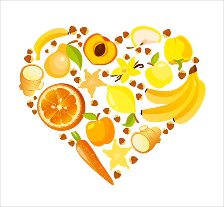 Heart shape of red fruits and vegetables. Healthy nutrition organic vector illustration.のイラスト素材